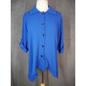 Pretty Woman Top Womens Large/XL Blue Button Down Roll Tab Sleeves Vintage